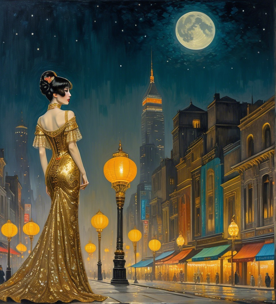 Glamorous Woman in Gold Gown in Vibrant City Night