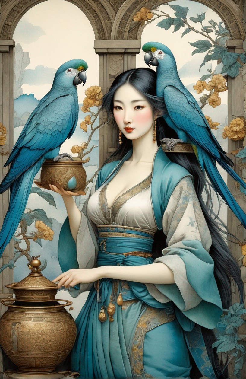 Serene Woman in Traditional Attire with Blue Parrots