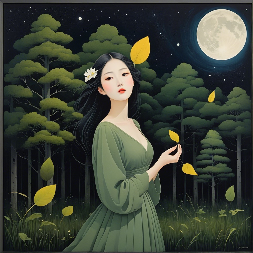 Serene Woman in Moonlit Forest with Elegant Gown