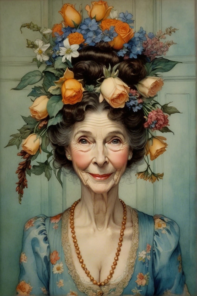 Elderly Woman in Floral Headdress and Blue Gown
