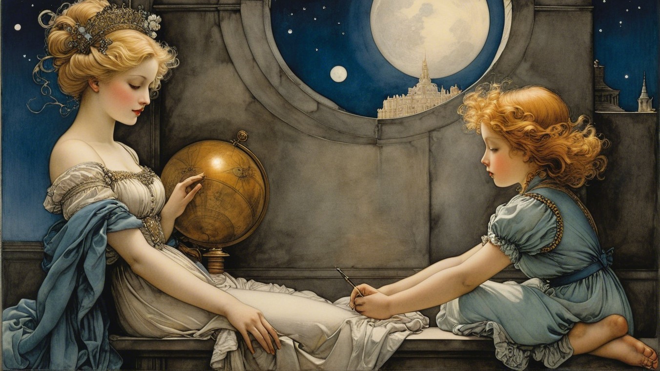 Moonlit Scene with Woman and Girl in Elegant Attire