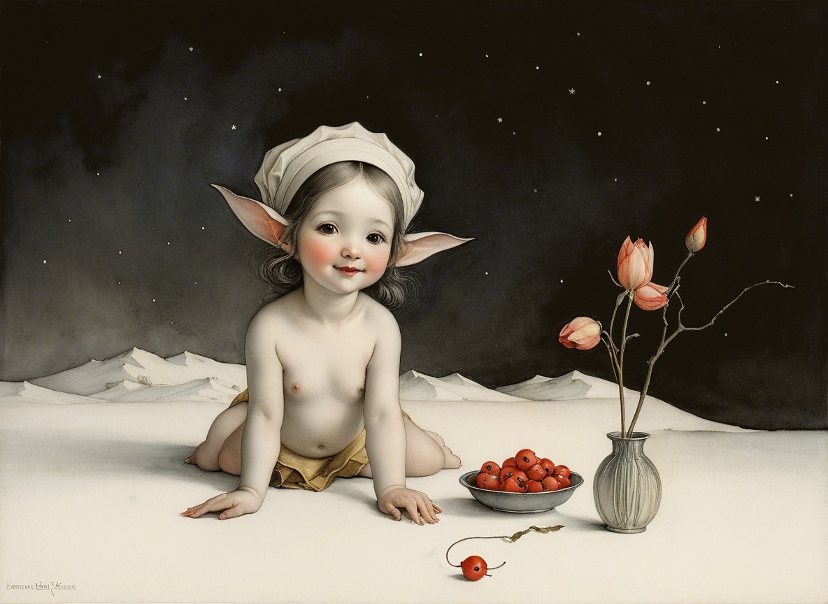 Whimsical Child in Snowy Landscape with Cherries