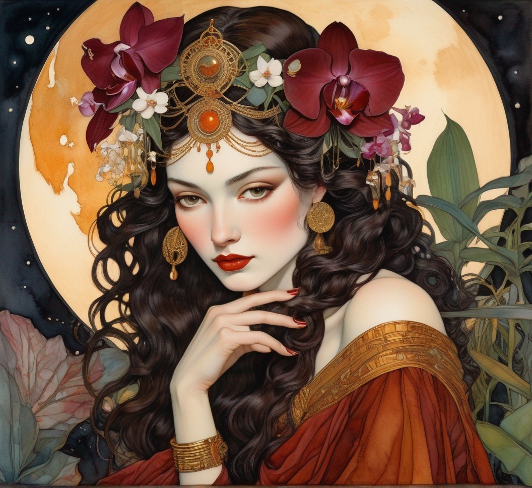 Illustrated woman with long hair in golden crown and orchids against moon and foliage.