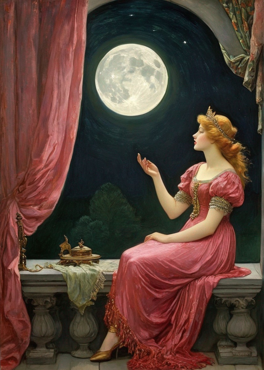 Period-dressed woman gazes at full moon by open window