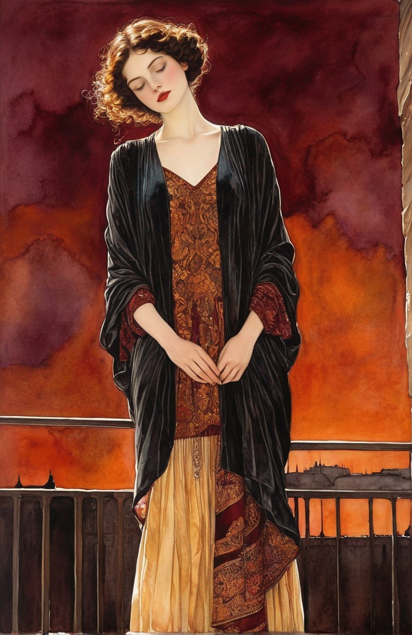Woman in black robe with closed eyes against warm abstract background