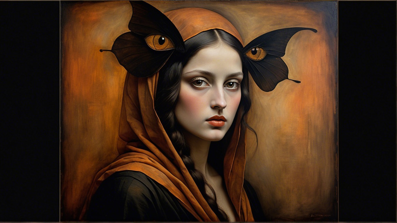 Young Woman in Orange Cloak with Butterfly Wings