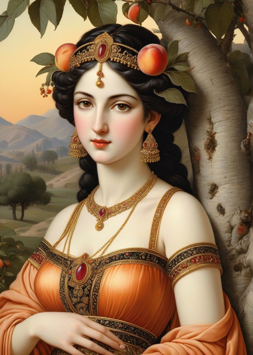 Portrait of a woman with peaches in her hair and jewelry