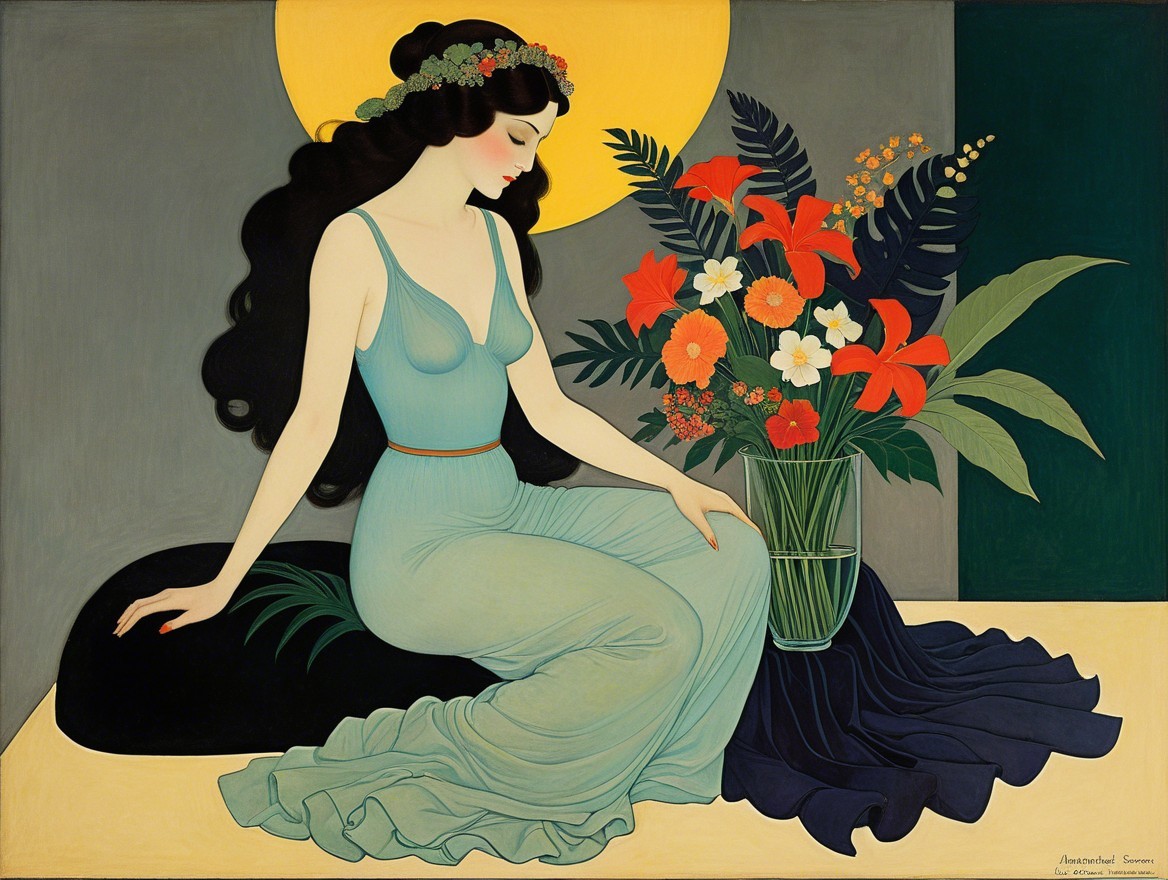 Serene Woman in Light Blue Dress with Colorful Vase