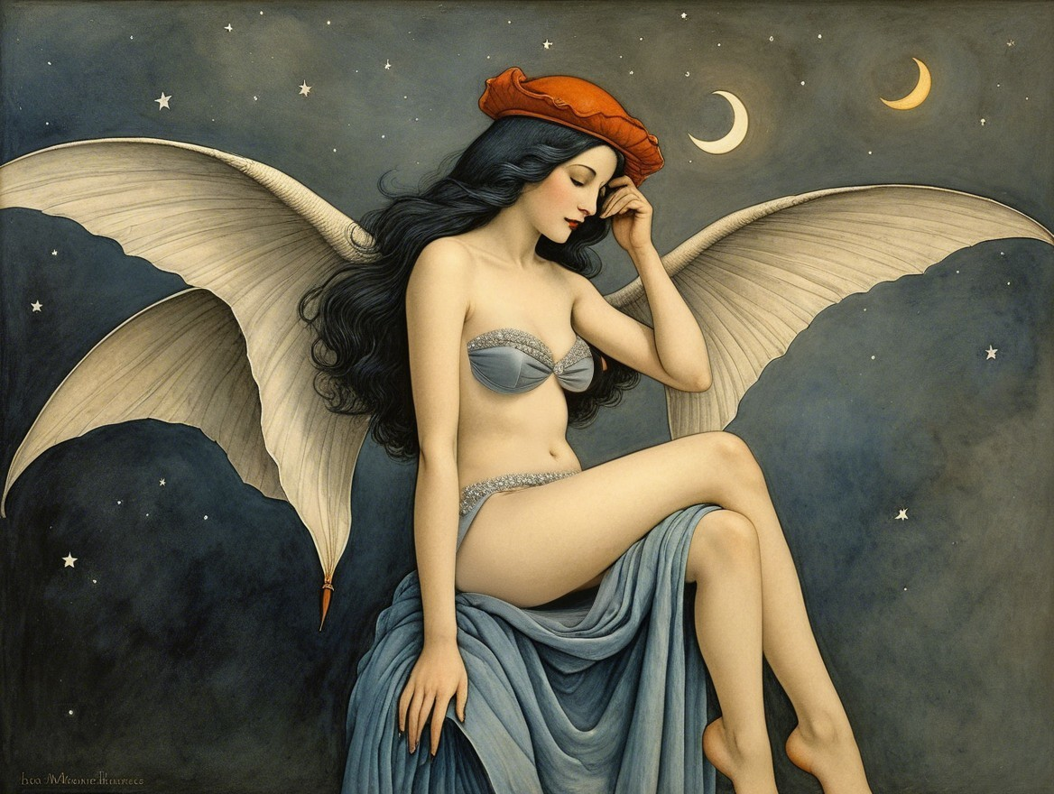 Serene Female Angel with White Wings in Night Sky
