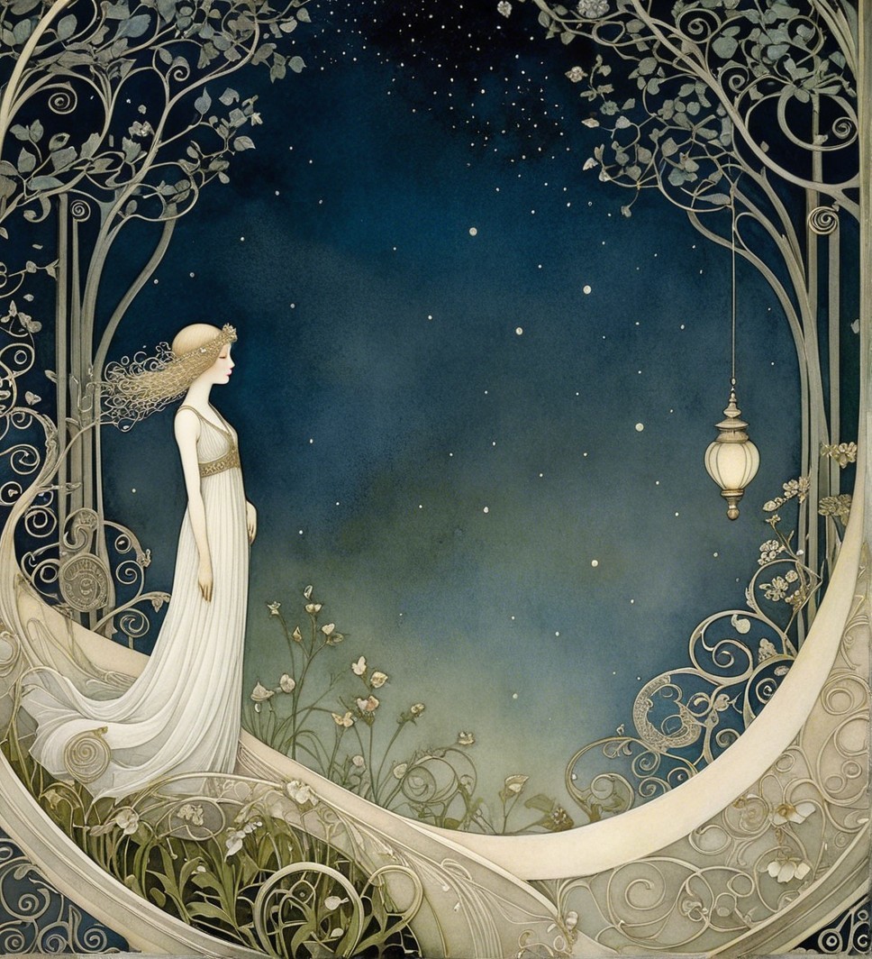 Serene figure in white gown within intricate landscape