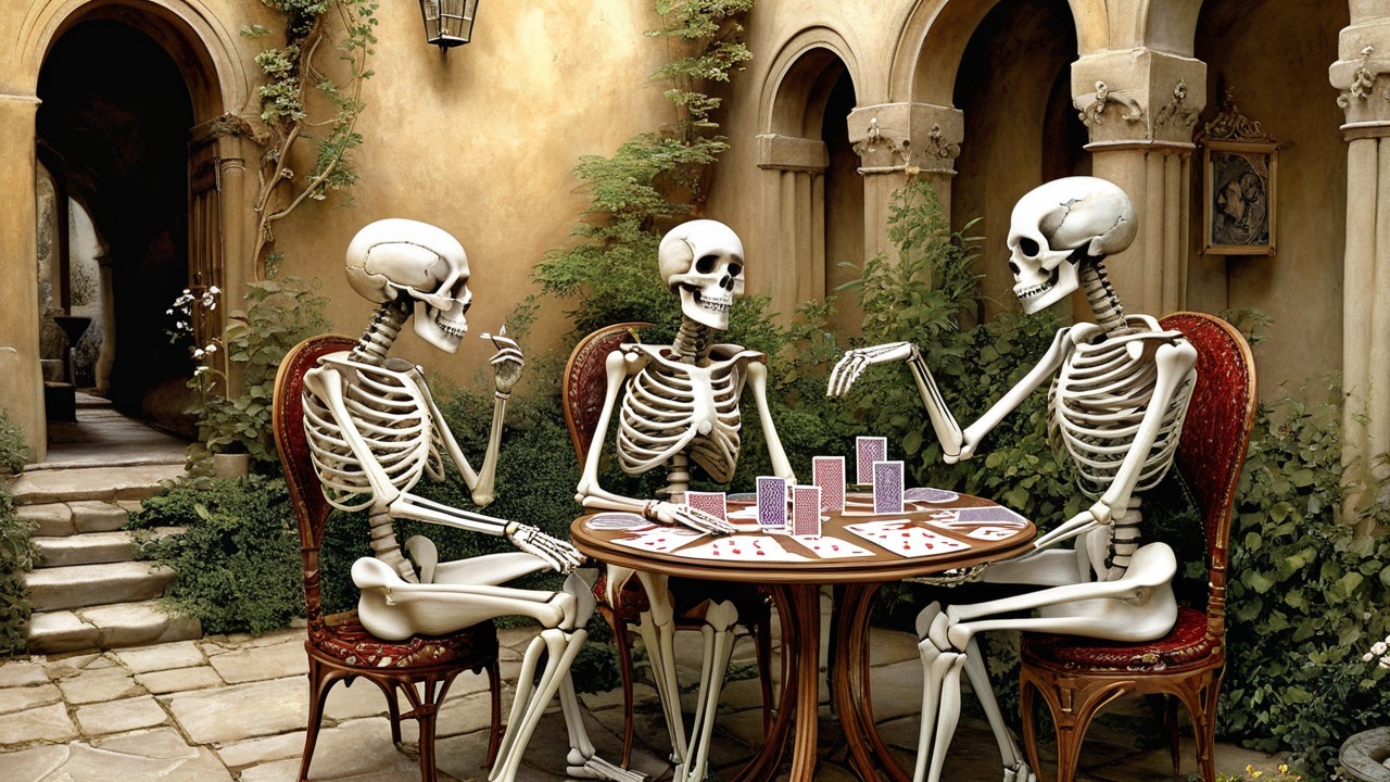 Skeletons Playing Cards in a Vine-Covered Courtyard