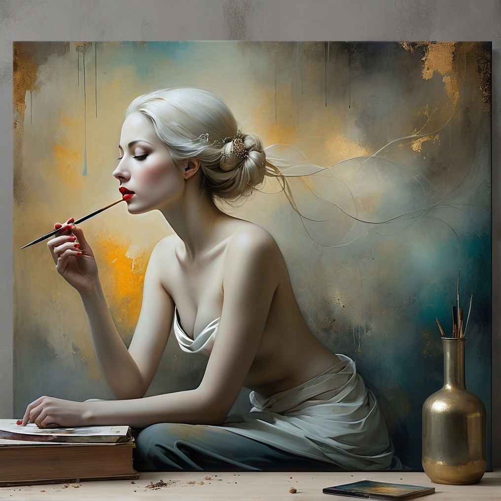 Serene Woman with Paintbrush in Artistic Setting