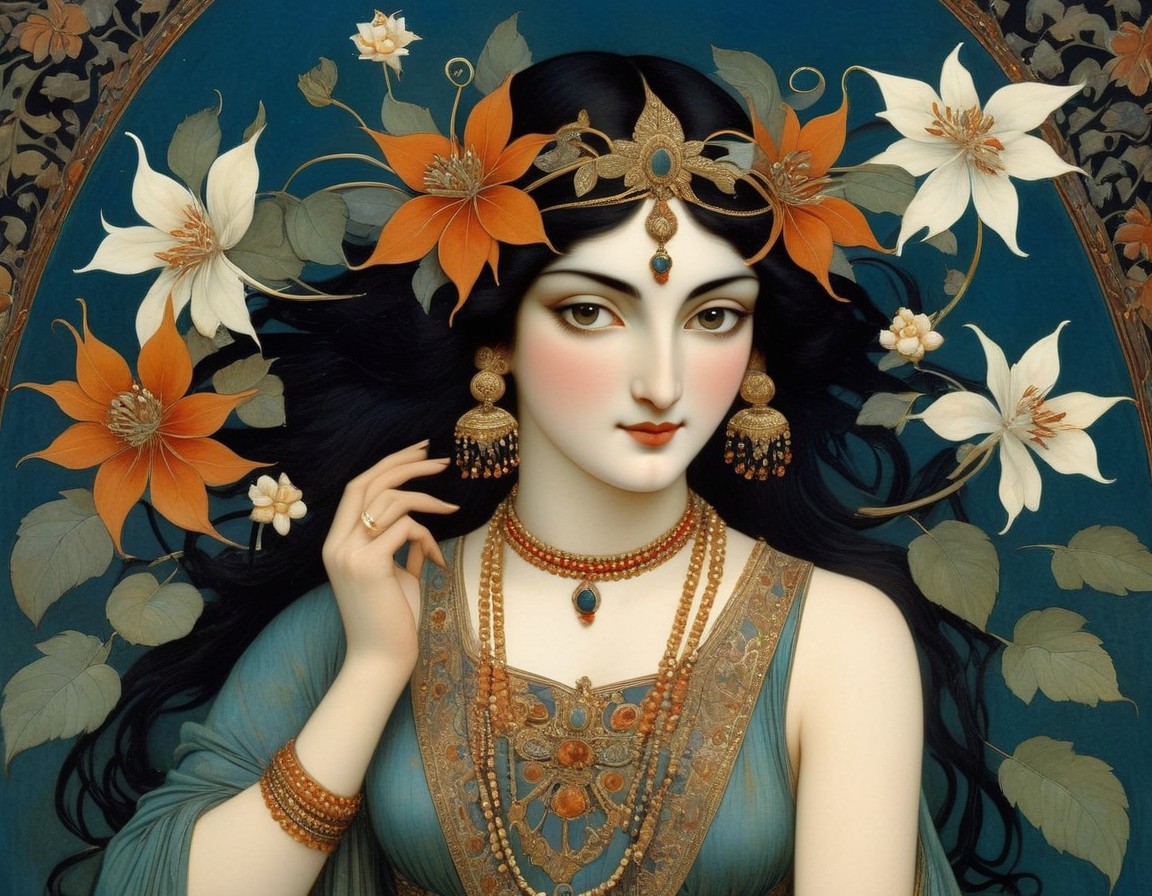 Adorned Woman Surrounded by Floral Patterns and Jewelry