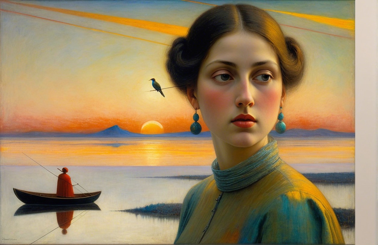 Serene Woman at Sunset with Boat and Bird