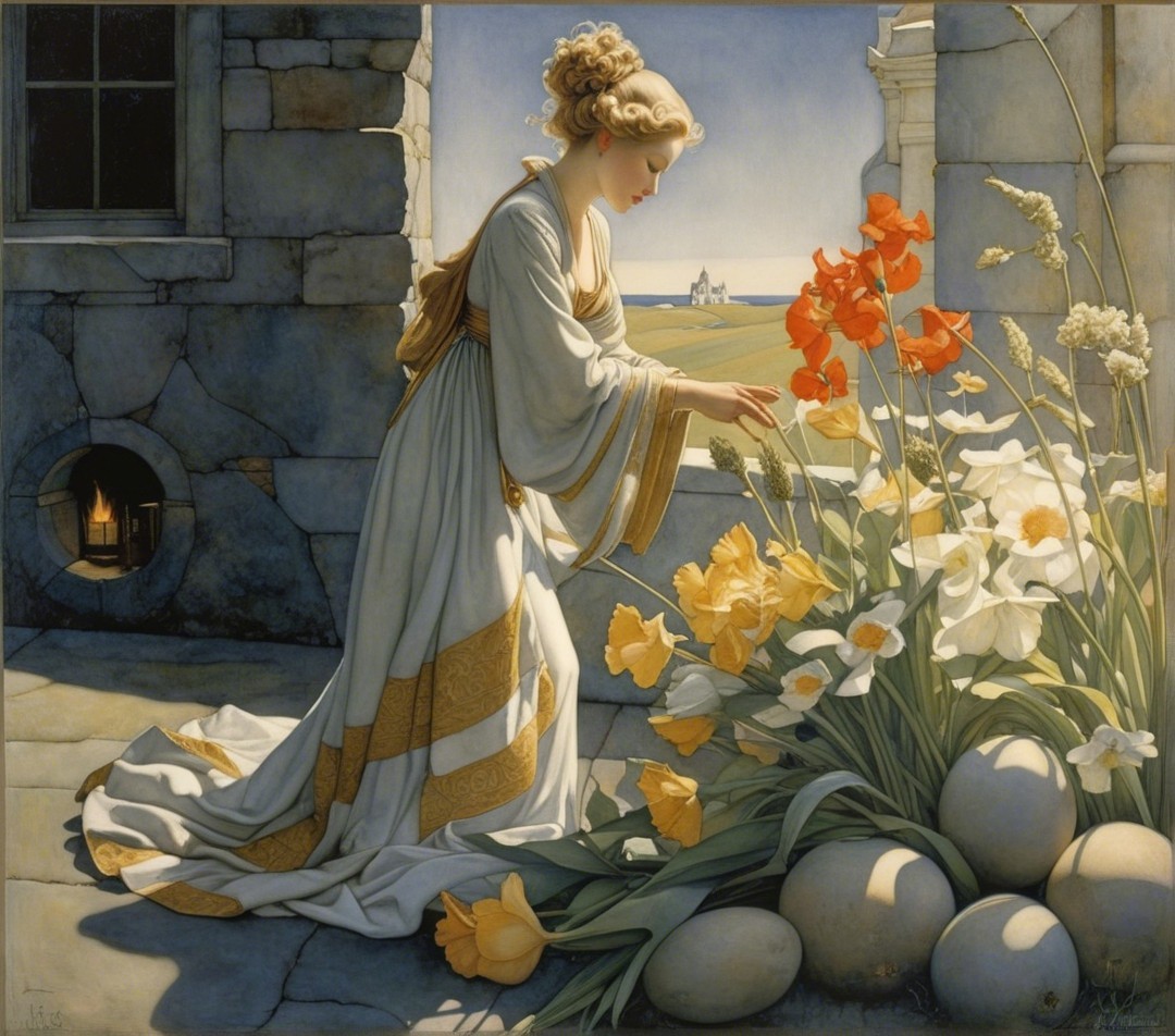 Young Woman in White Gown Tending Colorful Flowers