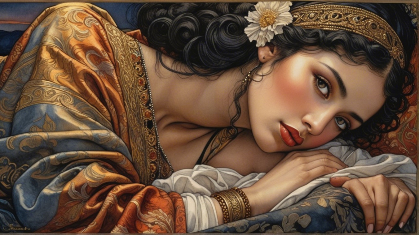 Elegant Woman Reclining in Rich Fabrics and Patterns
