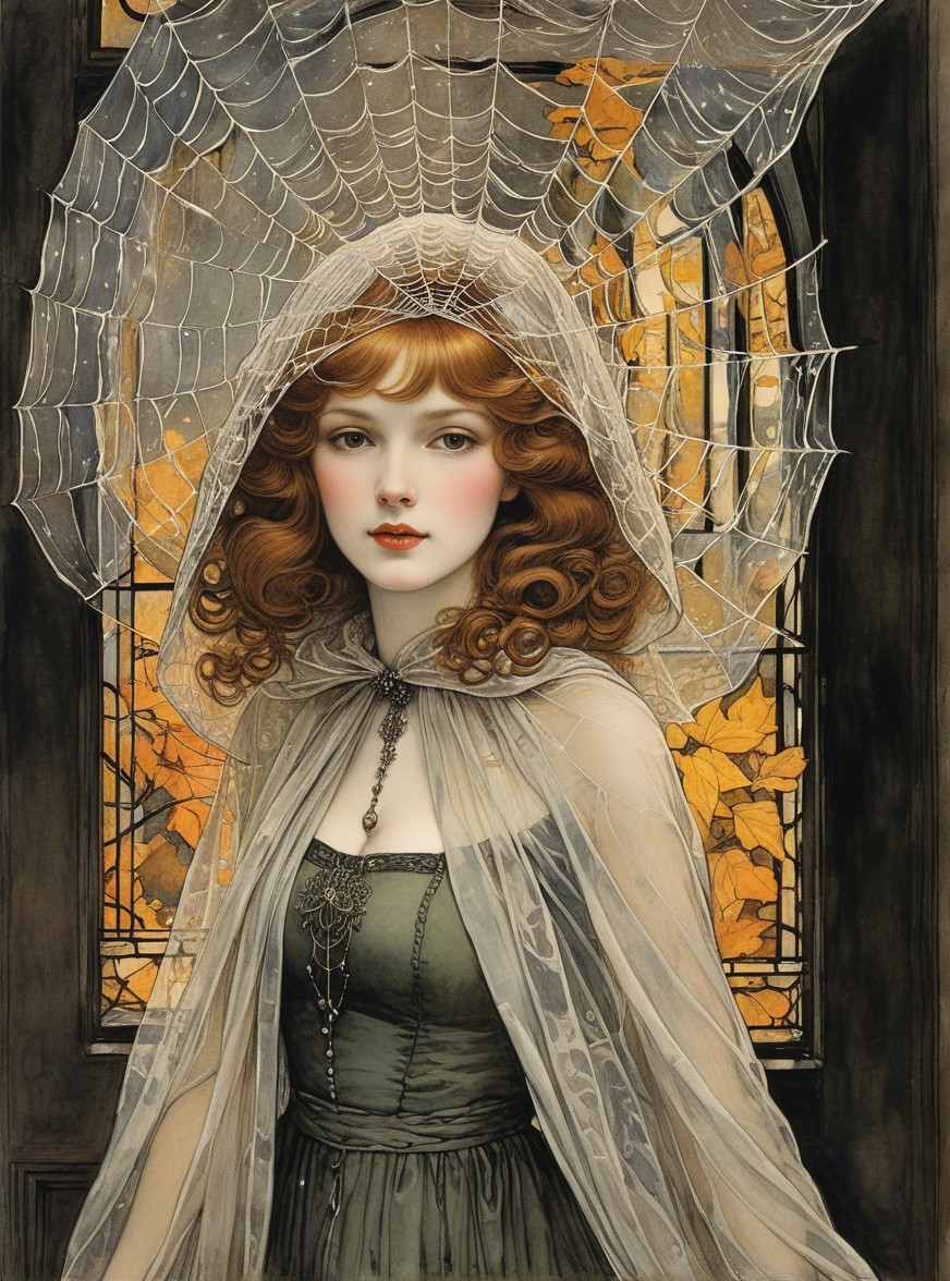 Young woman in vintage dress with autumn backdrop