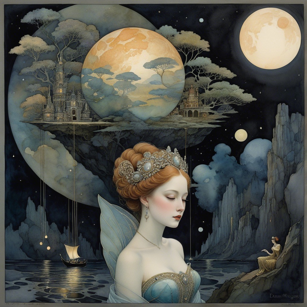Serene Woman with Crown in Ethereal Landscape Scene