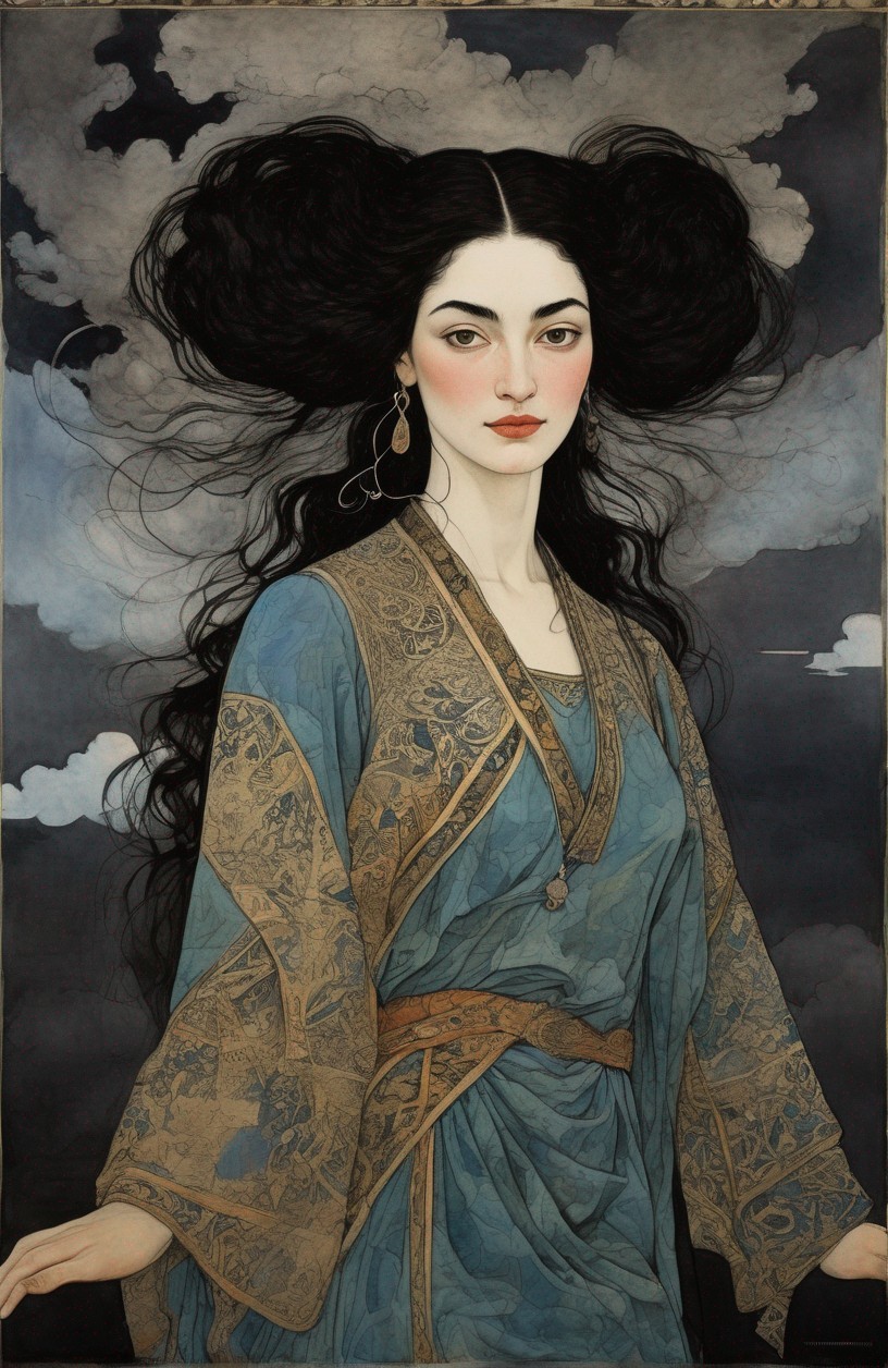 Woman in Blue Robe with Voluminous Black Hair