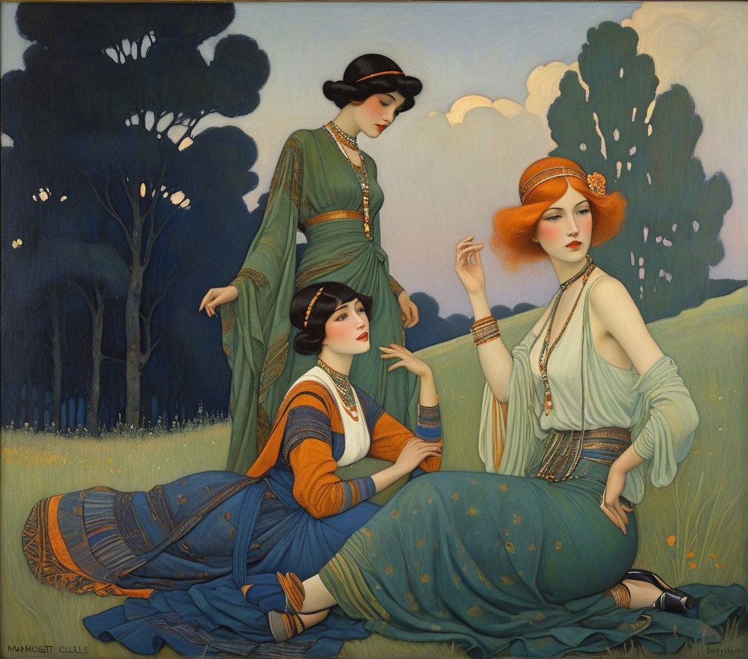 Vintage Attire of Three Women in Serene Landscape