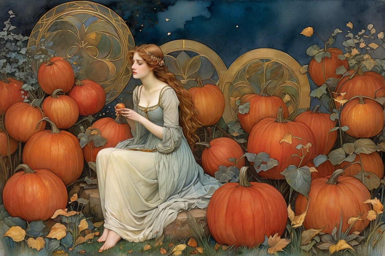 Young Woman Among Vibrant Pumpkins in Autumn Scene