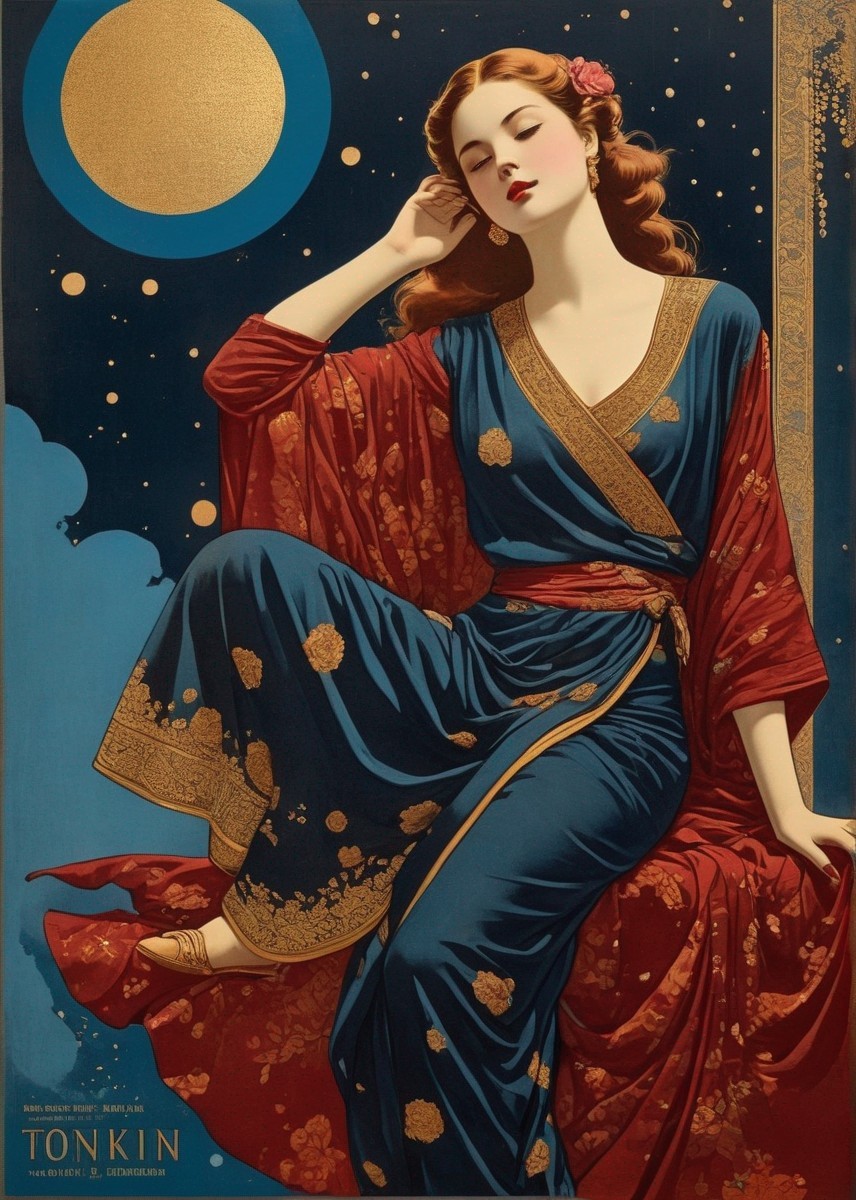 Elegant woman in blue and red gown with moon backdrop