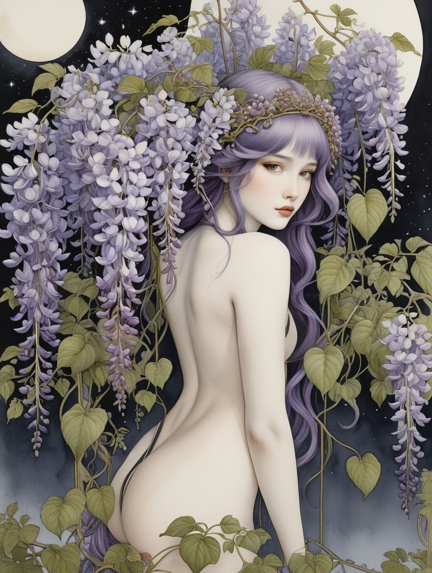Ethereal figure among wisteria blossoms and moons