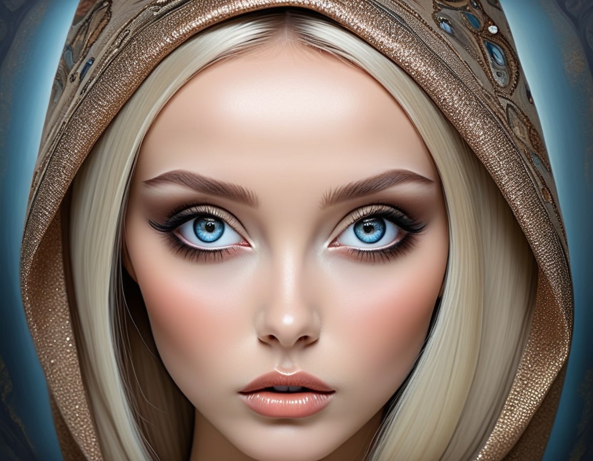 Young woman with blue eyes and ornate gemstone hood