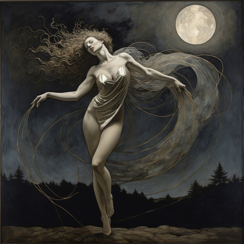 Dancer Under Full Moon with Ethereal Gold Strands