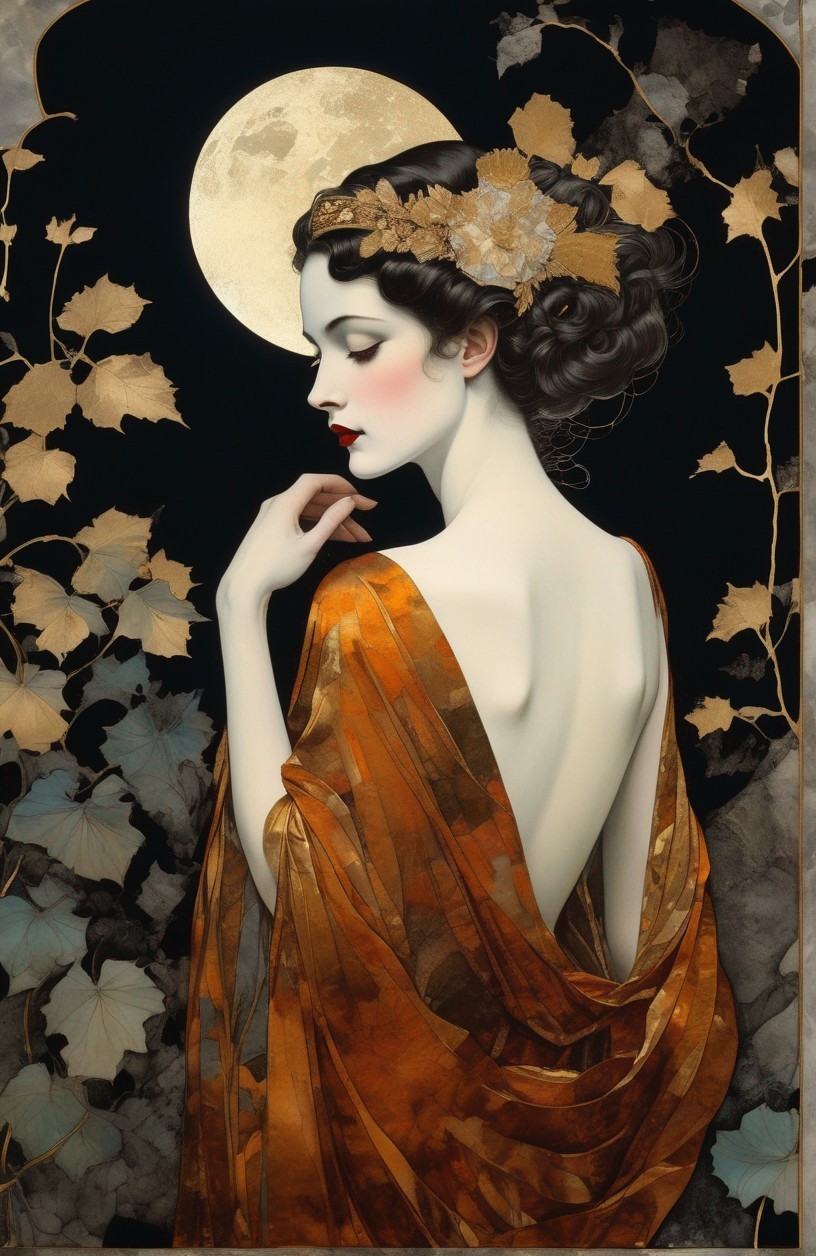 Woman in Grecian Headdress with Moonlit Ivy Background