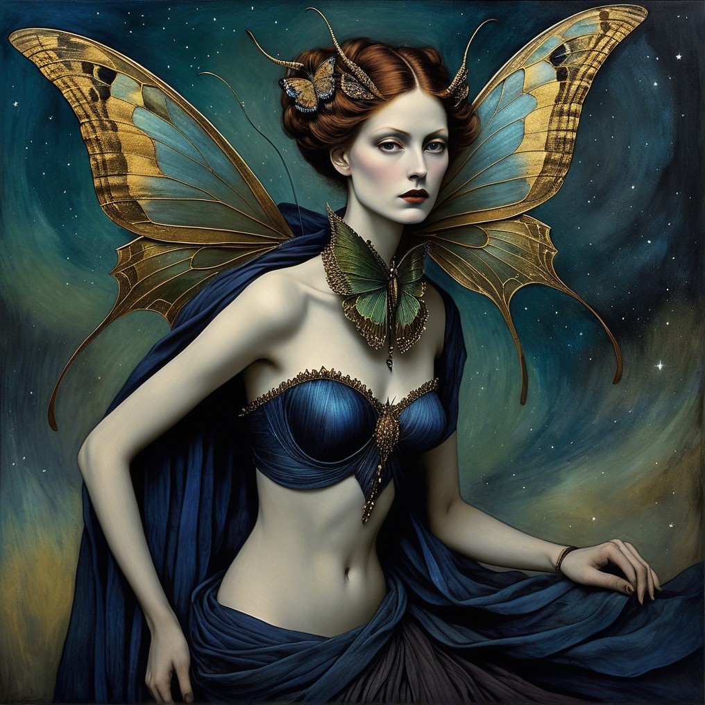 Ethereal Figure with Butterfly Wings and Cosmic Background