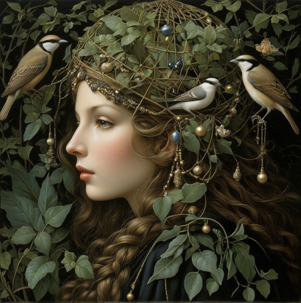 Young Woman with Chestnut Hair and Nature Elements