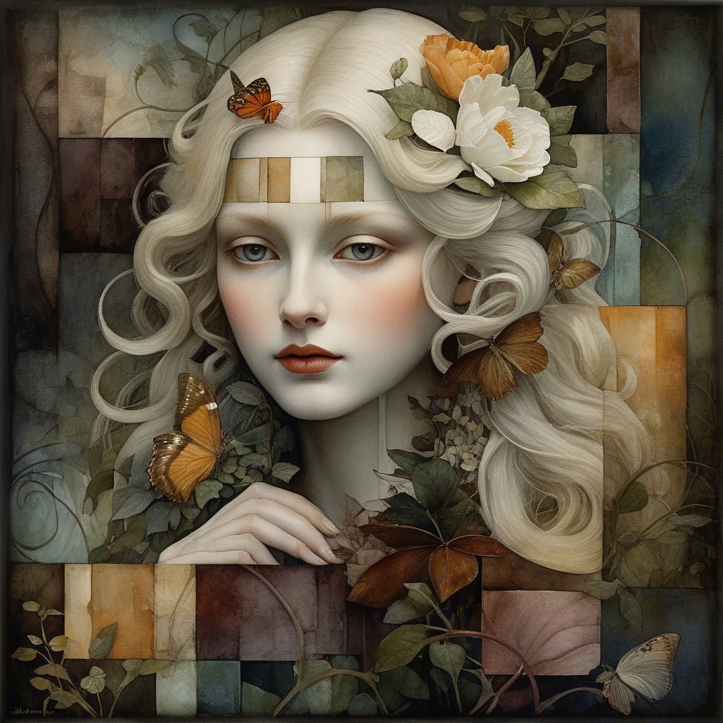 Serene Portrait of Woman with Butterflies and Flowers