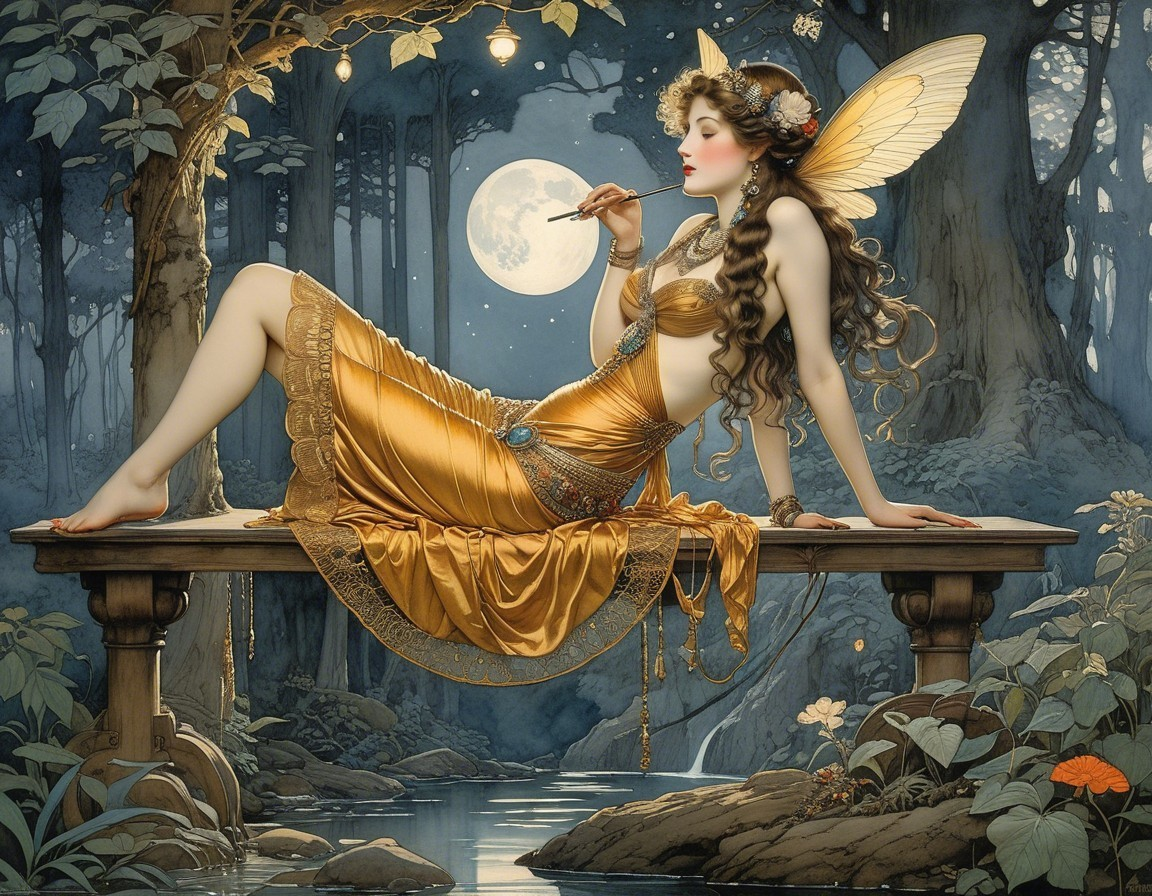 Fairy on Bench by Moonlit Stream in Enchanted Forest