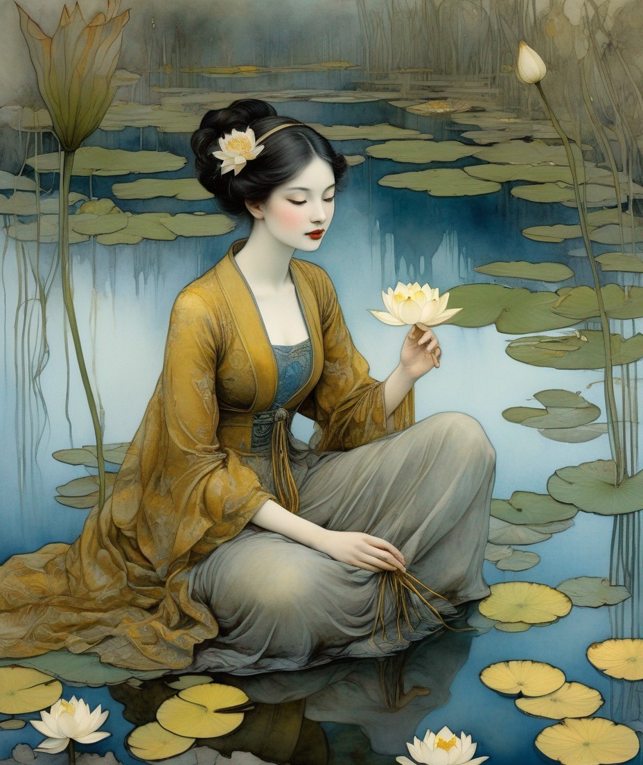 Tranquil woman in yellow robe with lotus flower by pond