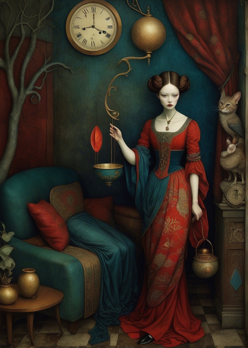Decorative Room with Woman, Cat, and Golden Scale