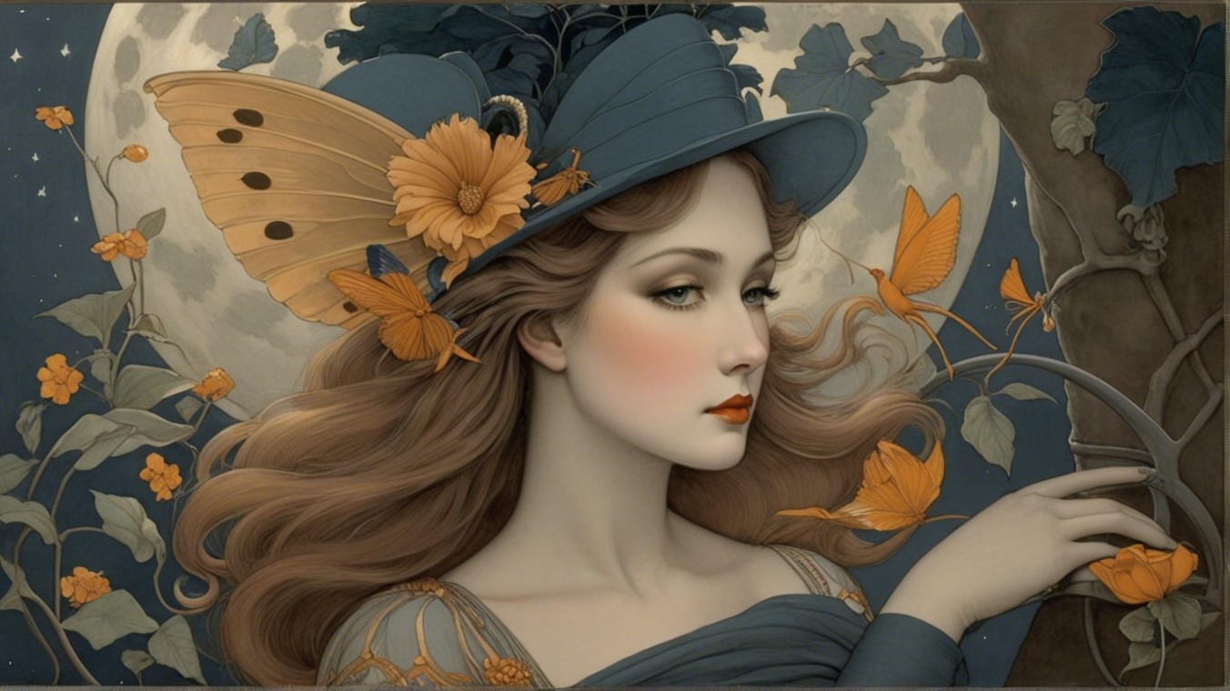 Serene Woman with Butterfly Hat and Moonlit Background