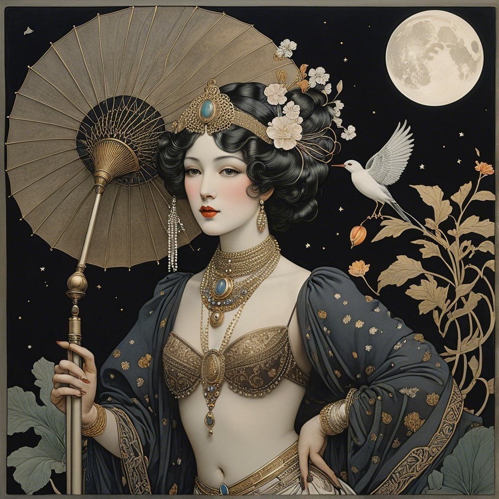 Portrait of a woman in traditional attire with moonlight