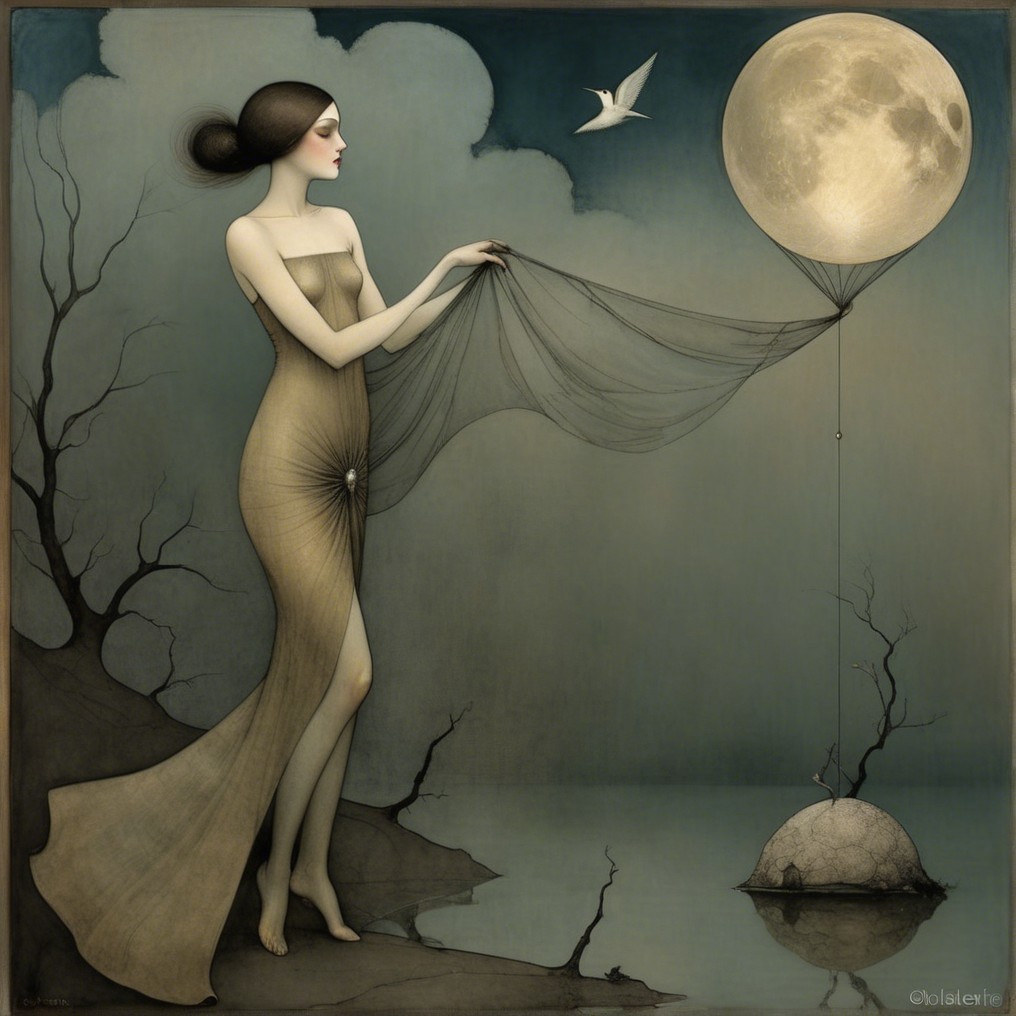 Serene figure in gown by moonlit rocky shoreline