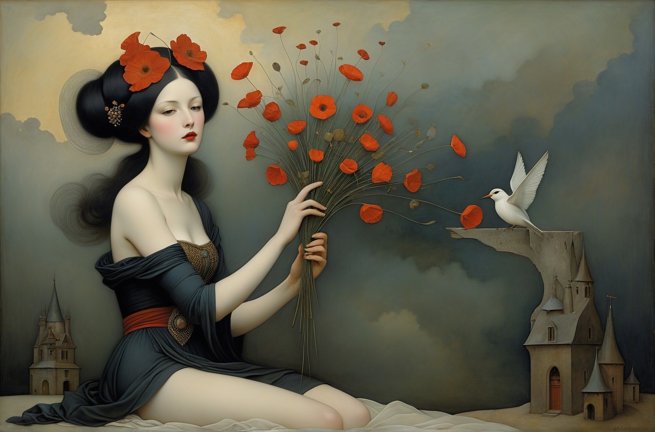 Fantasy Art of Woman with Poppies and Dove