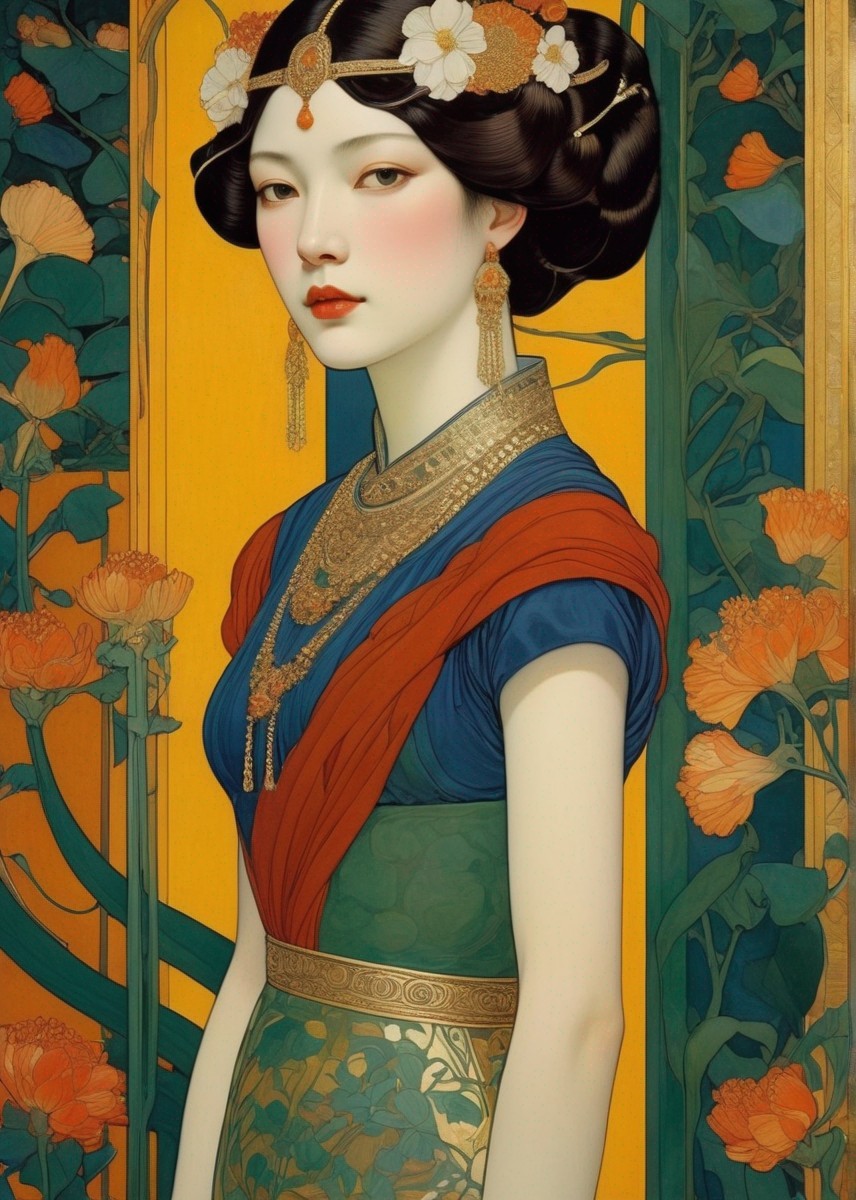 Elegant figure in colorful attire with floral backdrop