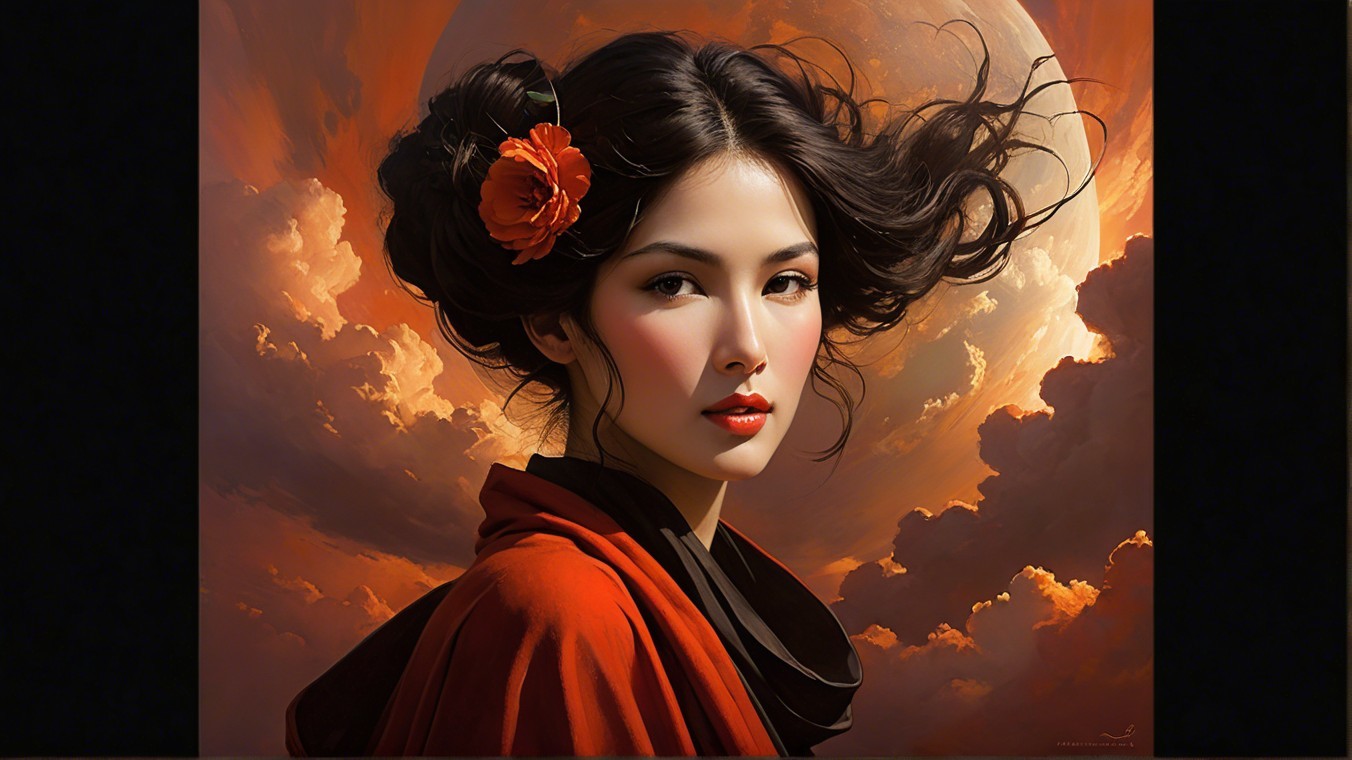 Young woman in red garment with flowing black hair