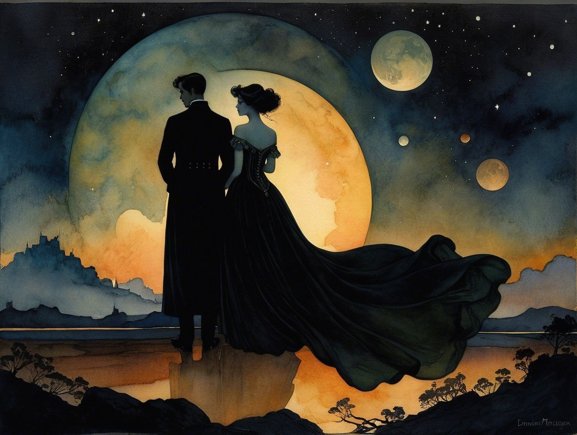 Romantic Silhouette of Couple Against Moonlit Sky