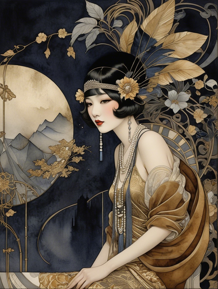 Stylized Woman in Elegant Gown Against Moonlit Landscape