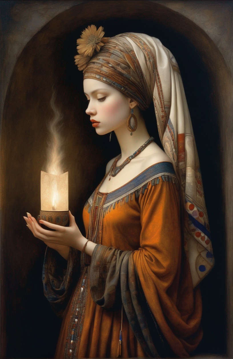 Historically dressed woman holding a glowing candle in dark setting
