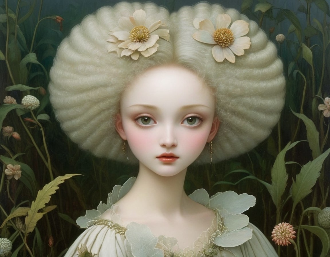 Female Figure with Floral Hairstyle in Botanical Setting