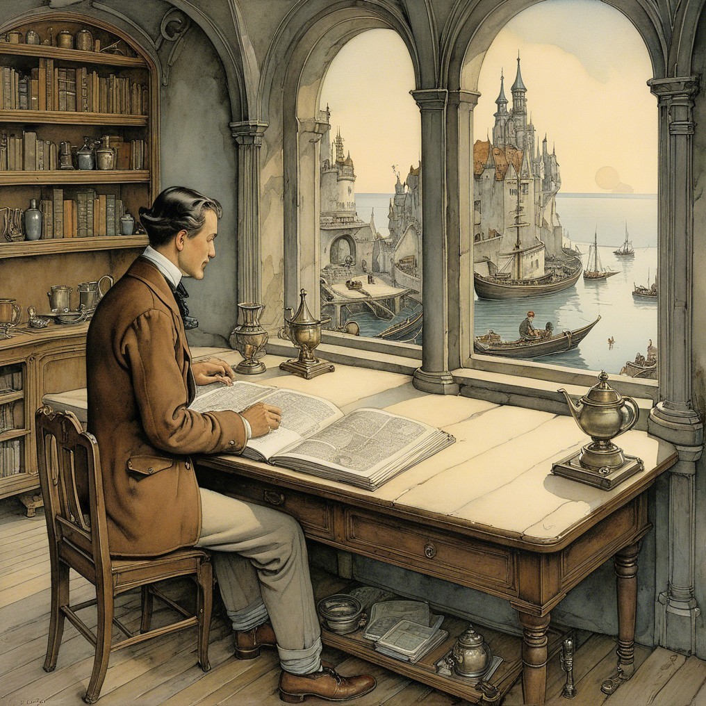 Man Reading at Wooden Desk in Elegant Room