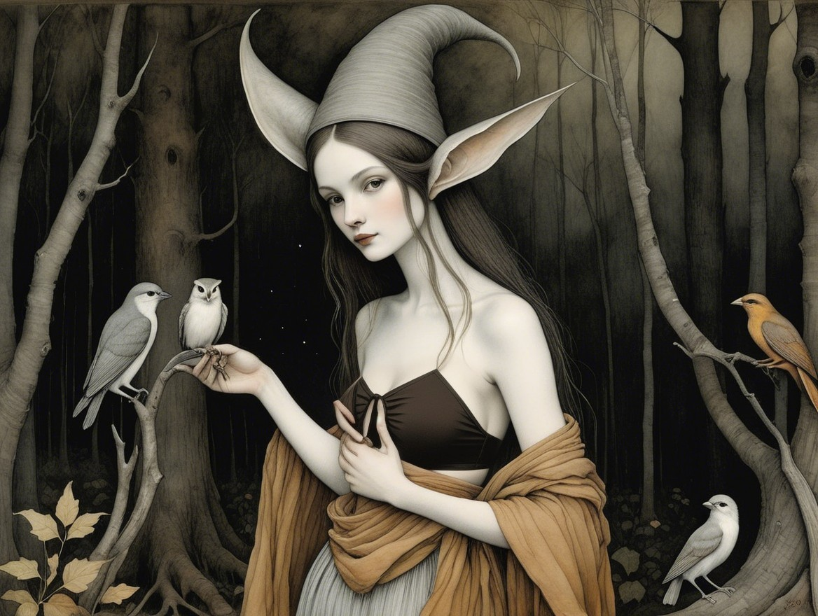 Mystical figure in dark forest with whimsical horns