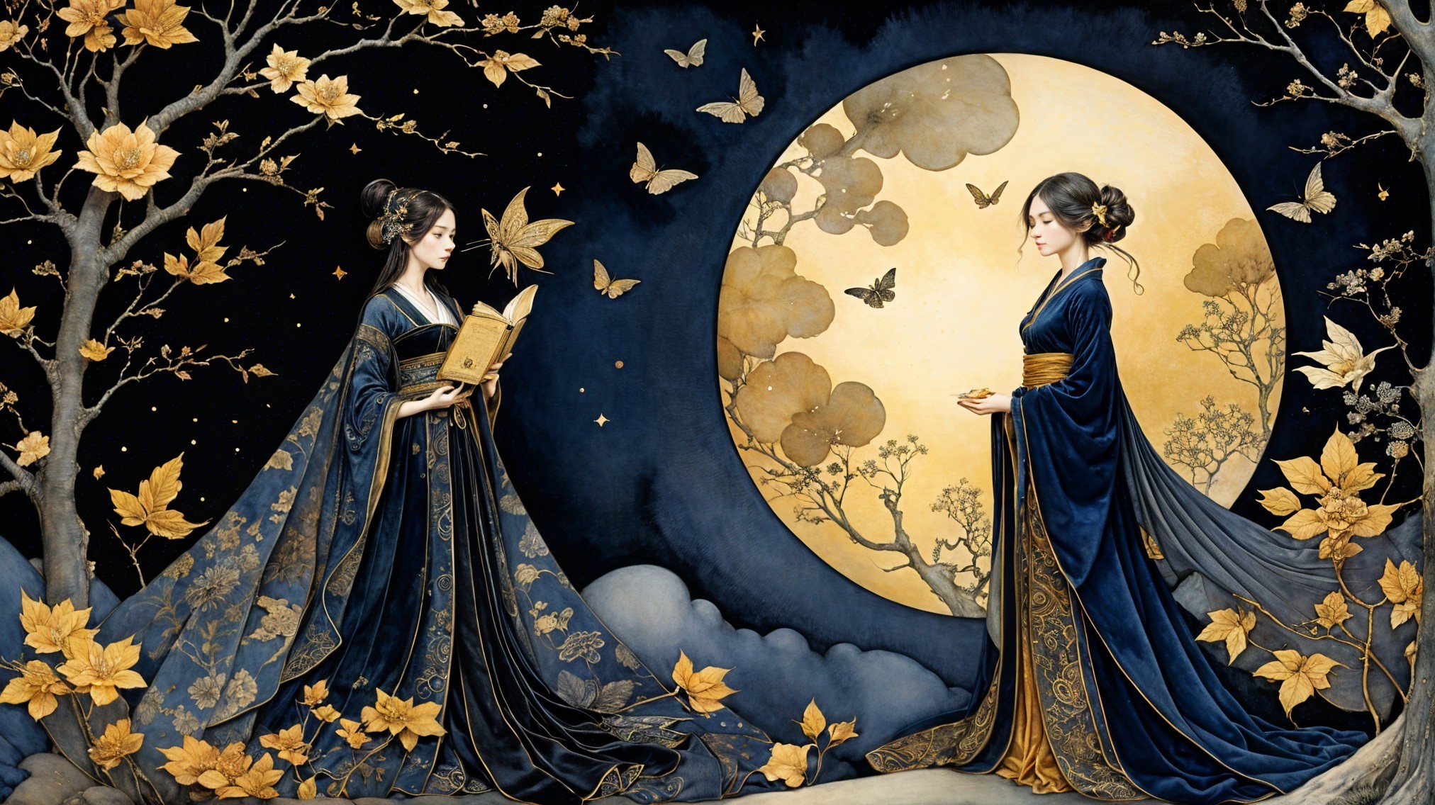 Elegant Figures in Ornate Garments Against Starry Background