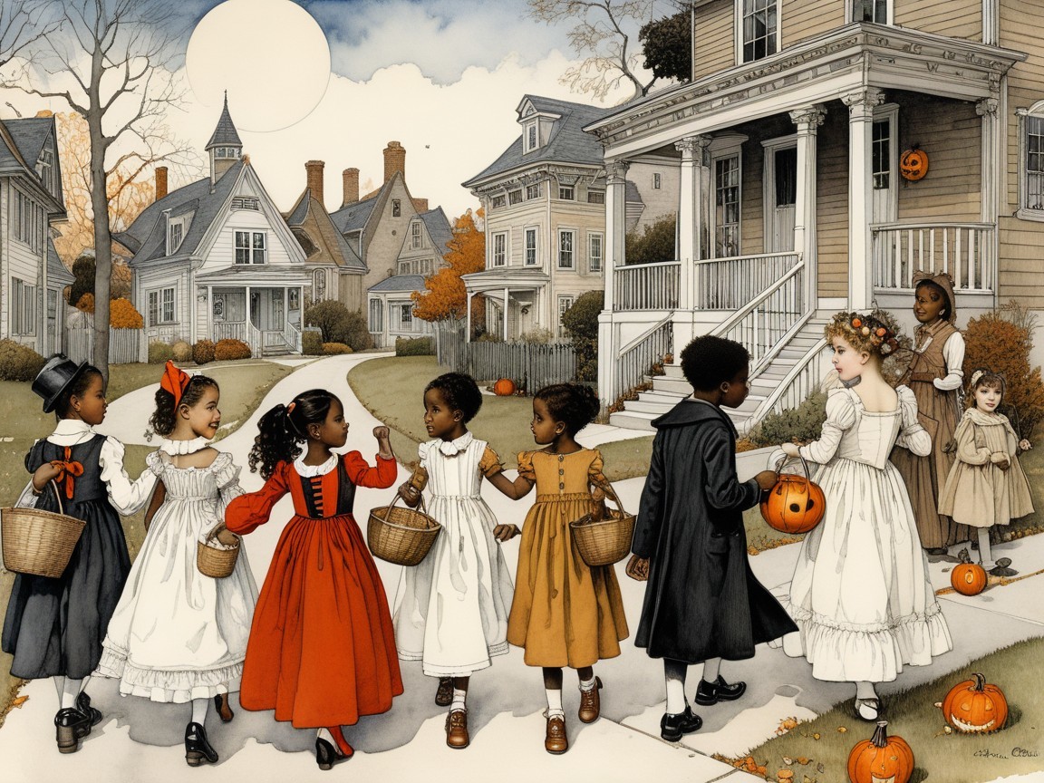 Children in Vintage Attire Enjoy Halloween Neighborhood